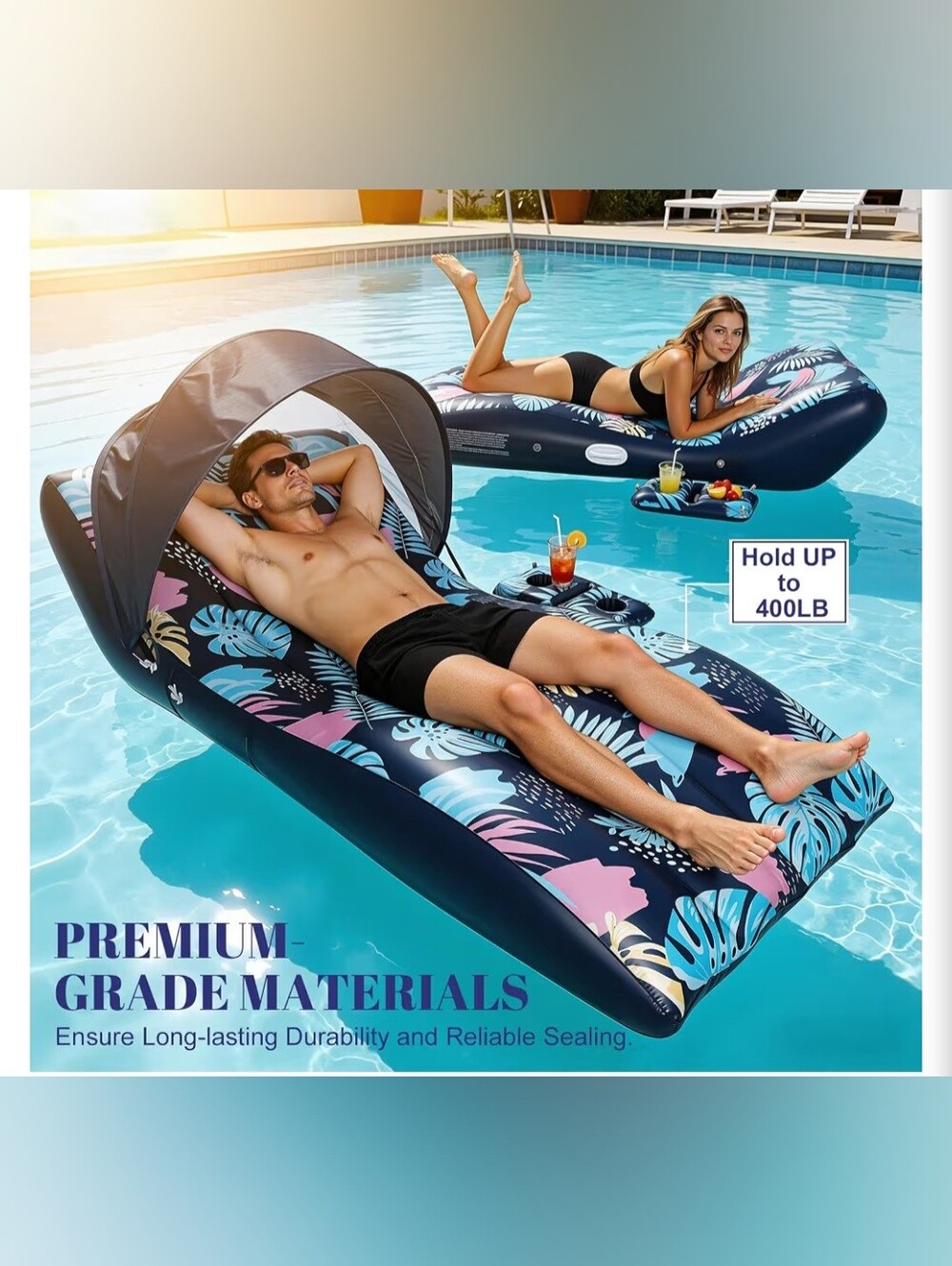 EUC Inflatable Ergonomic Adult Beach Lounger Tropical Leaf Print, Navy Pink Teal - Picture 6 of 15
